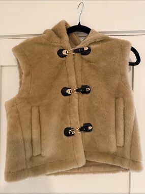 Zara Beige Faux Fur Hooded Vest with Gold & Black Trim